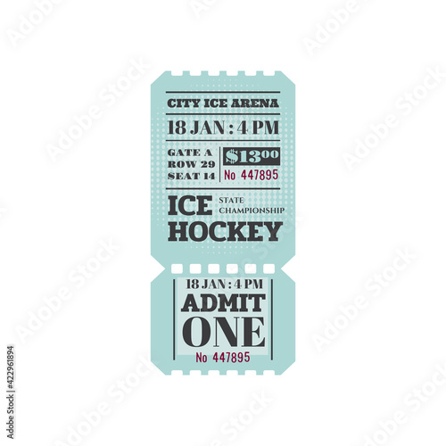 Ice hockey ticket , admit one on rink arena with cutting line isolated mockup. Vector winter sport event at ice arena, date, gate and seat mention. State championship tournament, puck game