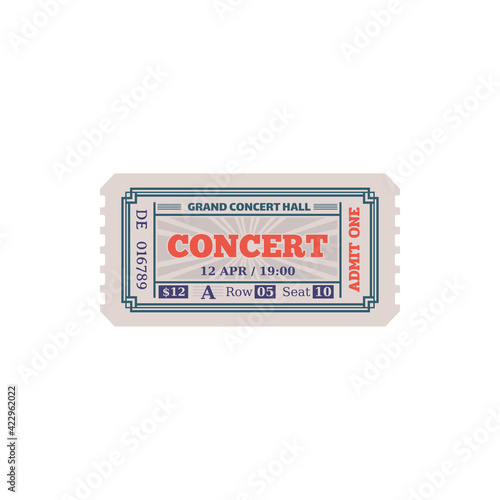 Coupon on music show in grand concert hall isolated retro ticket mockup. Vector admit one to musical instrumental orchestra or symphony play, numbered paper card, entrance pass on festival