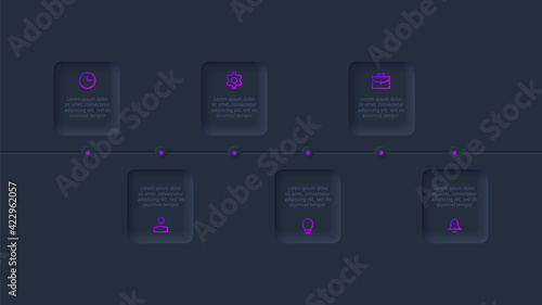 Dark neumorphic element for infographic. Template for diagram, graph, presentation and chart. Skeuomorph timeline with 6 options, parts, steps or processes