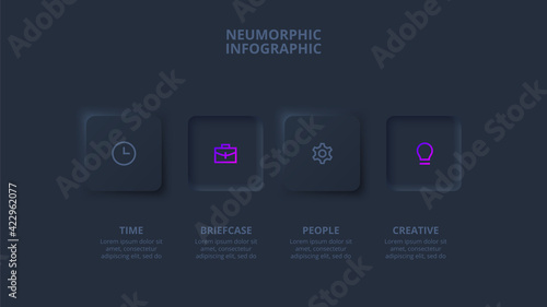 Dark neumorphic element for infographic. Template for diagram, graph, presentation and chart. Skeuomorph concept with 4 options, parts, steps or processes