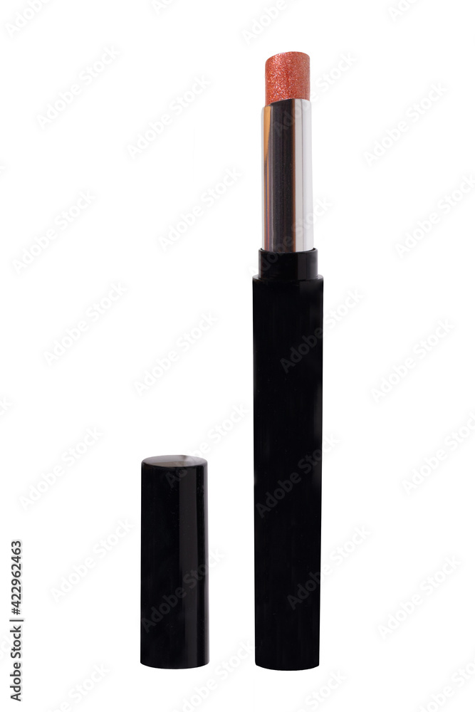 Orange lipstick isolated. Close-up of a sexy pink lipstick with glamorous shiny glittering gold isolated on a white background. Make-up concept. Macro. Orange lipstick isolated. Close-up of a sexy pink lipstick with glamorous shiny glittering gold isolated on a white background. Make-up concept. Macro.