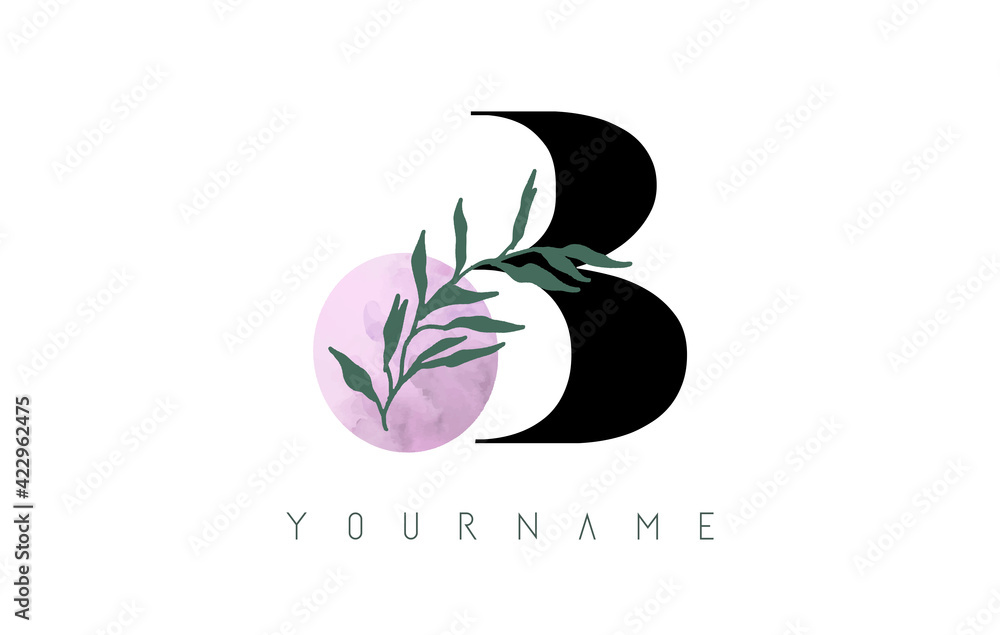 B Letter logo design with pink circle and green leaves. Vector Illustration with with Botanical elements. Nature vector template design concept with B letter.