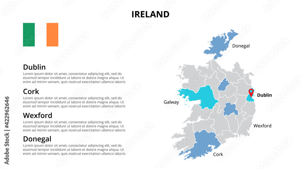 Obraz premium Ireland vector map infographic template divided by countries. Slide presentation