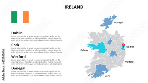 Ireland vector map infographic template divided by countries. Slide presentation