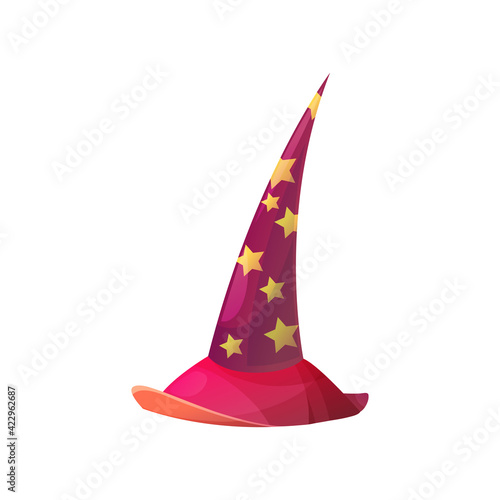 Cartoon astrologer or witch hat vector icon. Halloween costume, wizard cap, red magician headwear with yellow stars and hatband isolated on white background