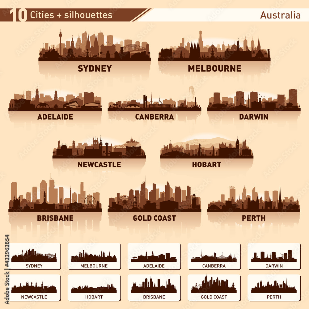 City skyline set. 10 city silhouettes of Australia