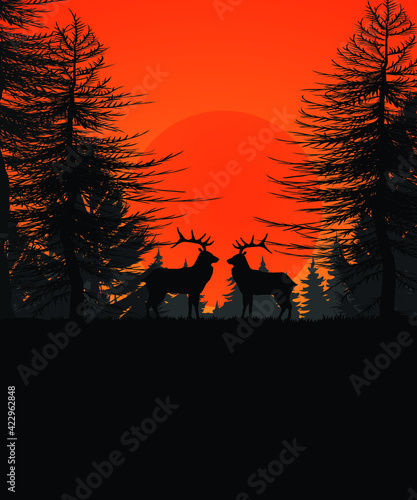 Deer pair in jungle Silhouette beautiful vector illustration.