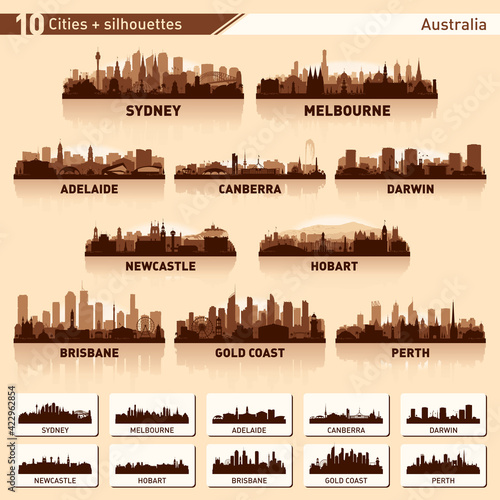 City skyline set. 10 city silhouettes of Australia