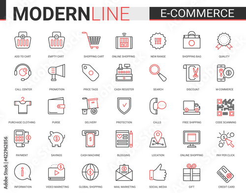 E-commerce, online shopping red black icons vector illustration