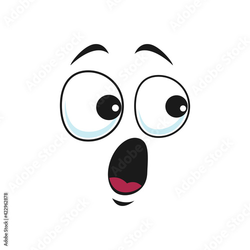 Cartoon face vector icon, surprised funny emoji, astonished facial expression with wide open or goggle eyes and open mouth, feelings isolated on white background