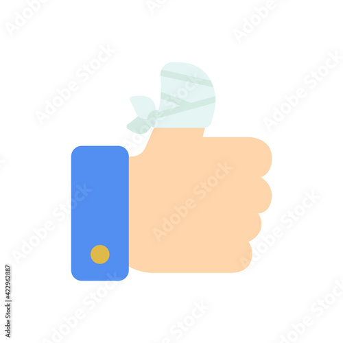 Hurt hand, bandage finger icon. Simple flat style. Like, thumb up gesture, injured, unavailable concept. Vector illustration isolated on white background. EPS 10.