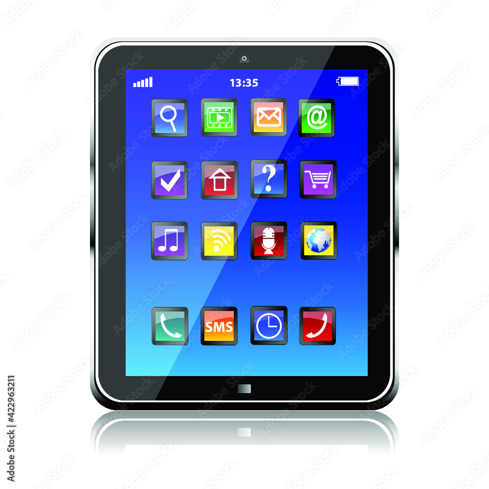Tablet PC with blue touchscreen and colorful apps isolated Tablet PC with blue touchscreen and colorful apps isolated
