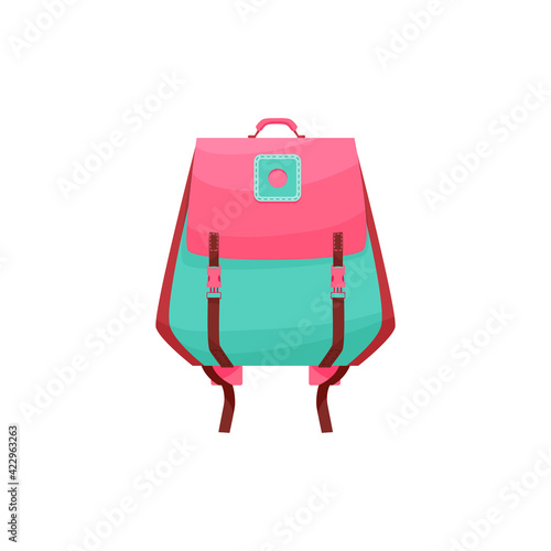 Kids schoolbag isolated vector icon, cute girl cartoon rucksack of pink and turquoise colors. Baby student school bag, backpack or knapsack on white background