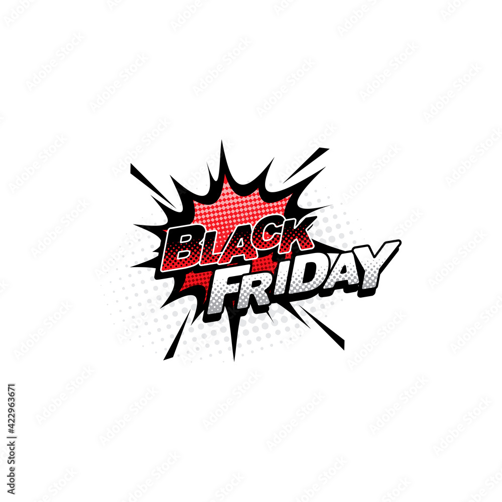 Comics bubble for black friday shopping isolated vector icon. Cartoon pop art retro sound cloud blast explosion with halftone pattern and typography. Boom bang half tone sign