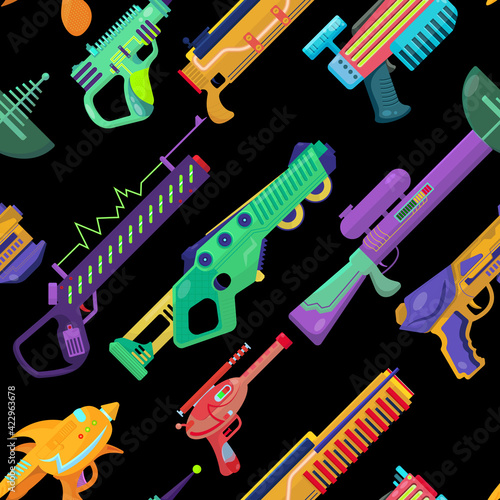 vector seamless pattern with blasters. beautiful conceptual illustration of children's toys. print for boys. futuristic weapons template.