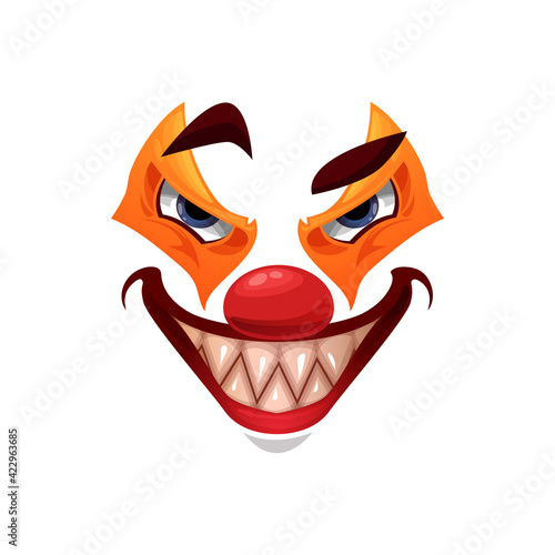 Scary clown face vector icon, Halloween creepy smile funster character. Emoticon mask with orange makeup, red nose, angry eyes and sharp glossy teeth, isolated horror creature emoji