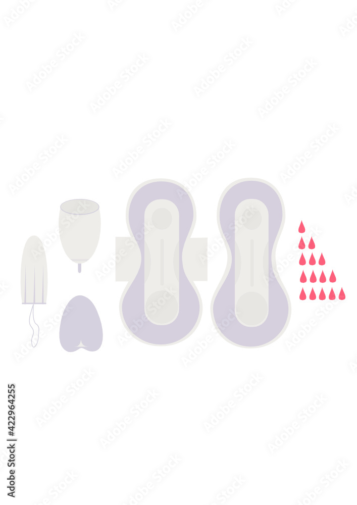 Set of feminine hygiene products. Menstural cup, tampon, pad. Absorption drops. Blood. Vector illustration. Isolated Set of feminine hygiene products. Menstural cup, tampon, pad. Absorption drops. Blood. Vector illustration. Isolated