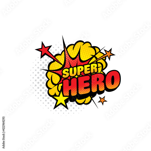 Super hero comics half tone bubble isolated vector icon. Cartoon pop art retro sound cloud blast explosion with stars and dotted pattern. Boom bang colorful superhero symbol with typography