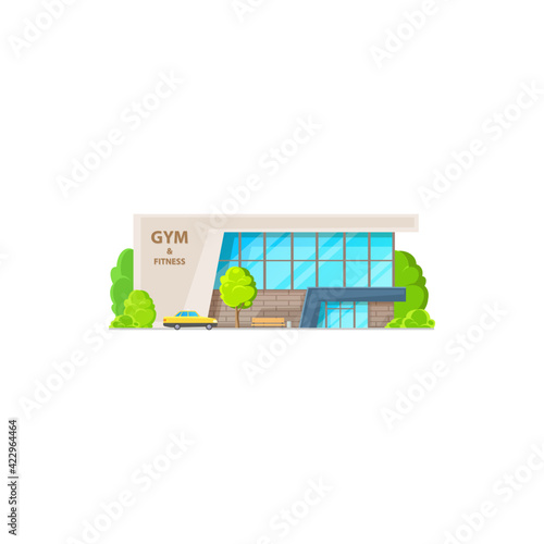 Modern sport gym isolated city architecture building, glass workout entertainment fitness center flat cartoon icon. Front view facade of city training gymnastic center with glass windows and trees