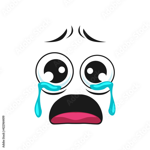 Depressed sad unhappy character in sorrow, reviled feeling face expression. Vector resentful annoyed offended crying emoji icon. Weeping emoji, crying smiley. Mourning emoticon with wide open eyes
