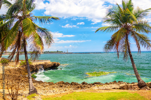 Fototapeta Naklejka Na Ścianę i Meble -  Beautiful coast with palms in Santo Domingo, Dominican Republic. Caribbean sea with lighthouse.