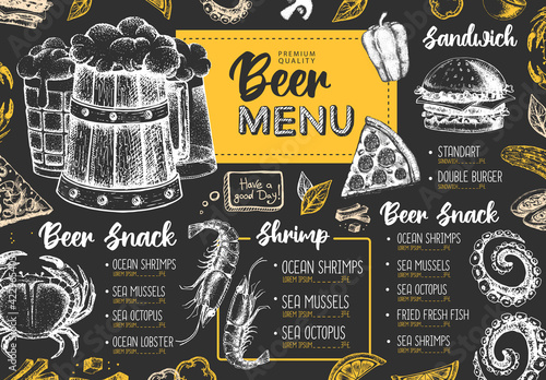 Restaurant beer menu design. Decorative sketch of beer and seafood snack. Fast food menu