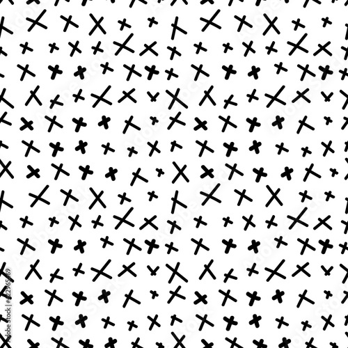 Crosses - pluses seamless pattern black and white color. Trendy minimalist decorative geometrical vector pattern. Hand drawn modern design for card, print on clothes. 