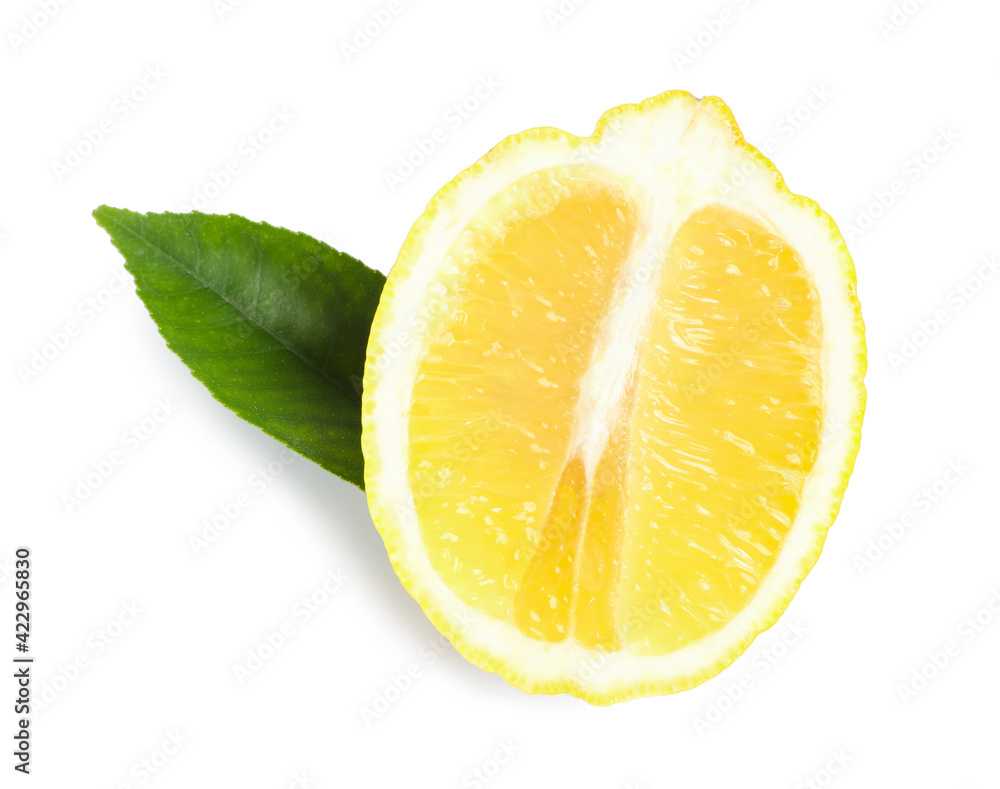 Fresh ripe lemon half with leaf on white background, top view Fresh ripe lemon half with leaf on white background, top view