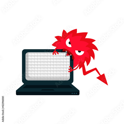 A computer virus attacks a laptop or computer. Vector illustration isolated on white background
