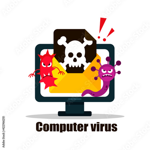A computer virus attacks a laptop or computer. Vector illustration isolated on white background