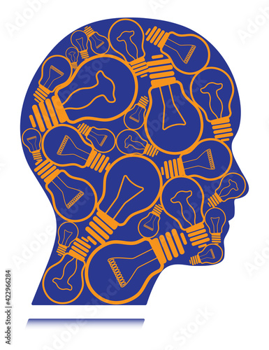 Ideas concept vector graphic. Head full with lightbulbs. Abstract business, psychology and mental health concept design with human head.
