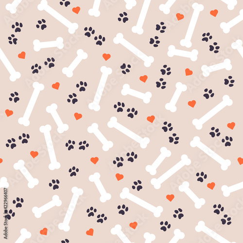 Seamless pattern design with dog paw traces, bone silhouettes and heart shapes isolated on white background. Vector flat cartoon illustration. For packaging, wrapping paper etc.