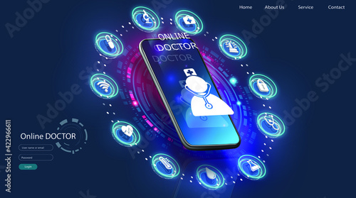Online tele medicine isometric concept. Medical consultation and treatment via application of smartphone connected internet clinic.