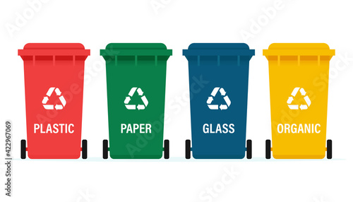 Garbage cans for organic, paper, plastic, glass waste on city background. Recycling, waste sorting, ecology, concept. Vector illustration in flat style, isolated on white background