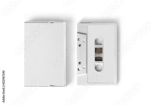 Valokuvatapetti Blank white label and case of Cassette Tape on isolated background