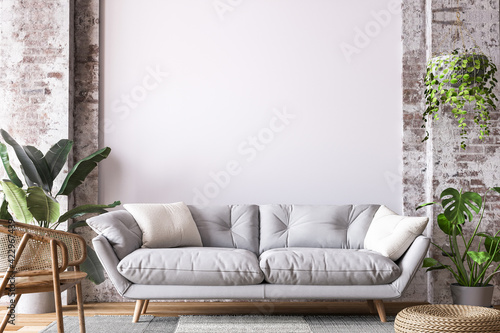 Living room design in loft apartment, white sofa on empty wall mockup, 3d render