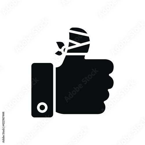 Hurt hand, bandage finger glyph icon. Simple solid style. Like, thumb up gesture, injured, unavailable concept. Vector illustration isolated on white background. EPS 10.