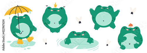 A set of cartoon frogs isolated on a white background. Funny toad, vector flat illustration. Princess frog, toad with umbrella, flies. Collection of colorful cute amphibians