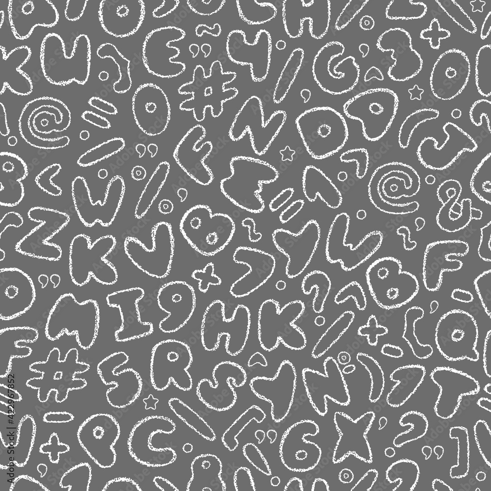 Chalk font pattern. Crayons alphabet print. Hand drawn wax crayons font