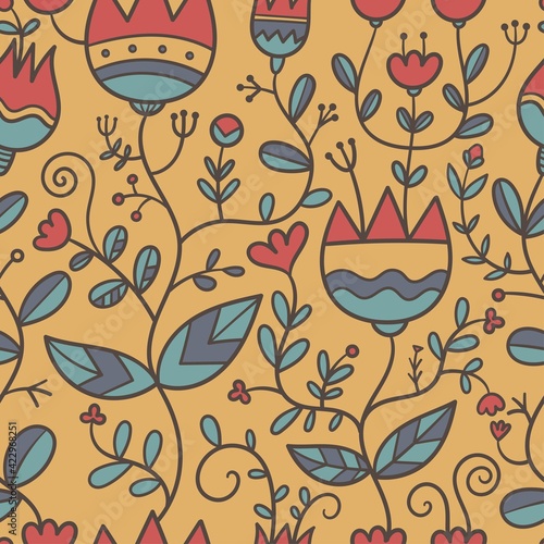 Seamless pattern with different plants and  flowers on ocher background. Vector print with herbs. Botanical doodle wallpaper.