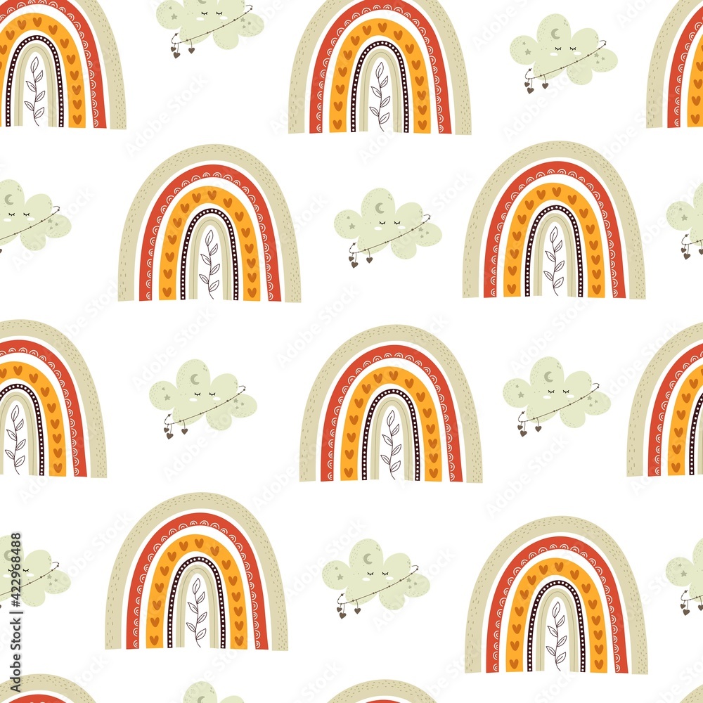 seamless pattern with cartoon rainbows, clouds. Boho style. colorful vector for kids. hand drawing, flat style. baby design for fabric, print, textile, wrapper seamless pattern with cartoon rainbows, clouds. Boho style. colorful vector for kids. hand drawing, flat style. baby design for fabric, print, textile, wrapper