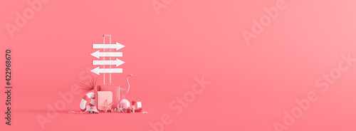 Suitcase and beach accessories on pink background. Summer travel concept. 3d render 3D illustration