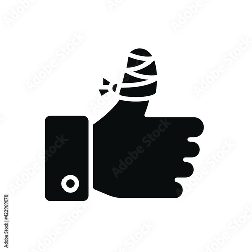 Hurt hand, bandage finger glyph icon. Simple solid style. Like, thumb up gesture, injured, unavailable concept. Vector illustration isolated on white background. EPS 10.