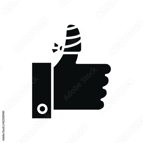 Hurt hand, bandage finger glyph icon. Simple solid style. Like, thumb up gesture, injured, unavailable concept. Vector illustration isolated on white background. EPS 10.