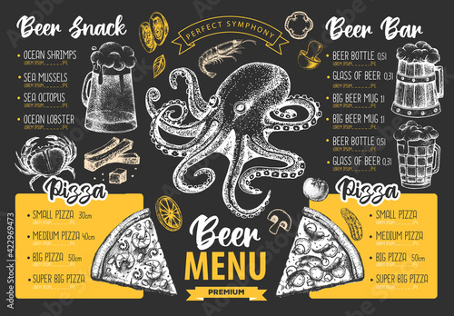 Restaurant beer menu design. Decorative sketch of beer and seafood snack. Fast food menu