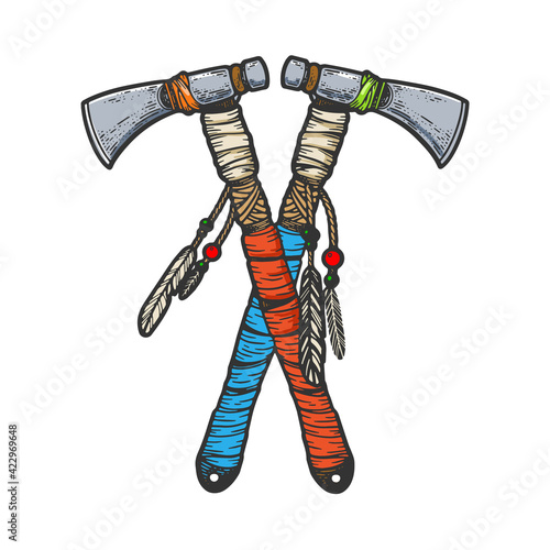 Tomahawk crossed color sketch engraving vector illustration. T-shirt apparel print design. Scratch board imitation. Black and white hand drawn image.