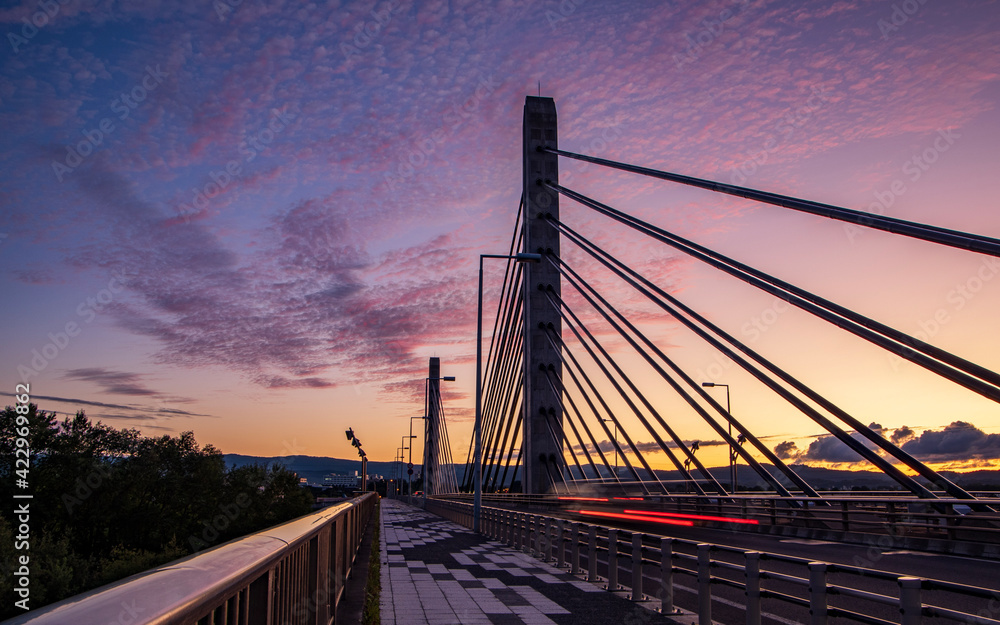 Obraz premium 旭川市ツインハープ橋の夕景 