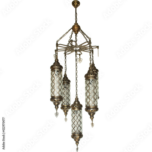 Moroccan Lamps Turkish Lights Brass Hanging Ceiling Chandelier Interior Architecture Isolated on White Background
