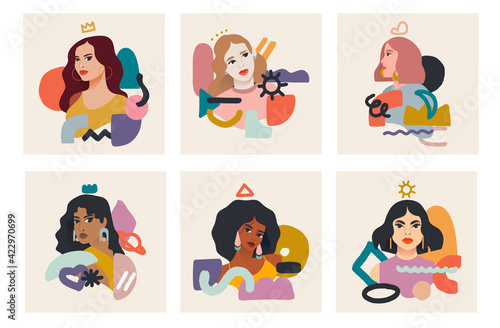 Set of beautiful woman with various forms of abstraction. Flat vector illustration.