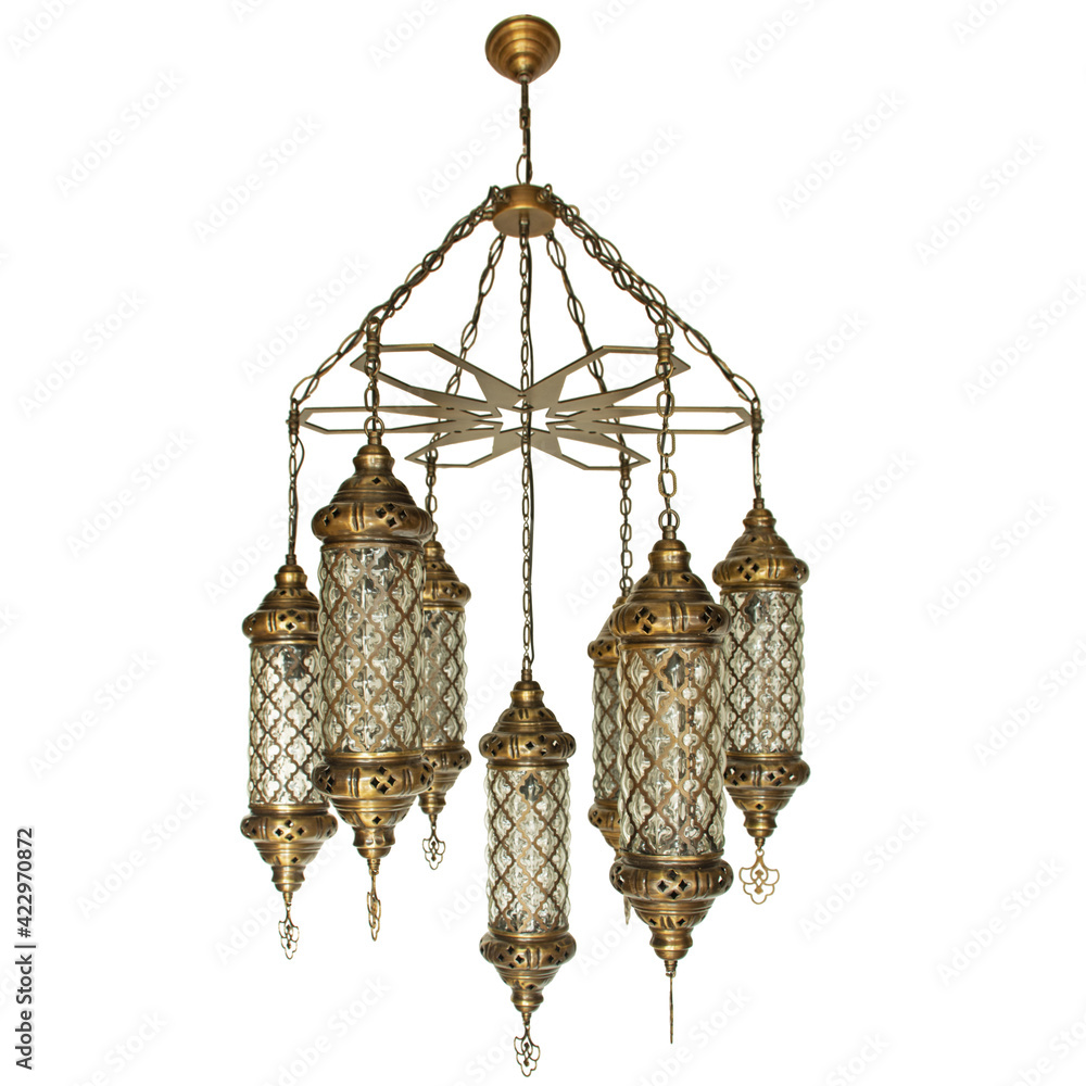 Moroccan Lamps Turkish Lights Brass Hanging Ceiling Chandelier Interior Architecture Isolated on White Background